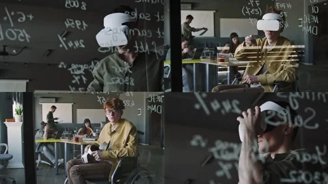 Split Screen of IT Specialists Testing New App with VR Headset in Office Video stock 275057572