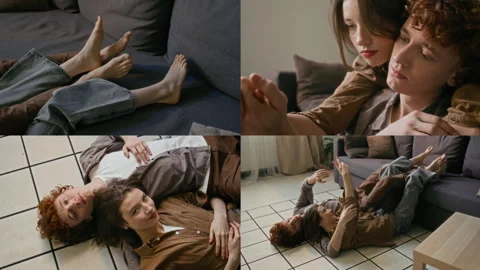 Split Screen of Lying on Floor with Feet Up on Couch in Cozy Living Room Stock Footage 307193412