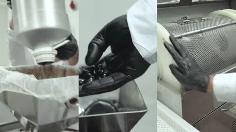 Split screen making process cbd capsule manufacture close up of hand checking Stock Footage 160034519