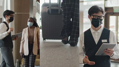 Split Screen of Male Concierge in Face Mask Welcoming Hotel Guest Stock Footage 308563888