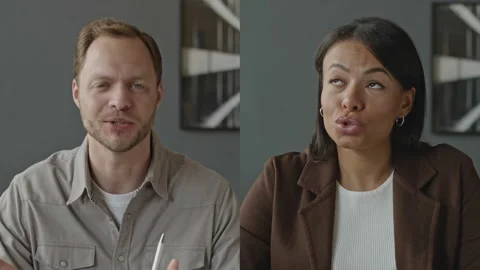 Split Screen of Man and Woman Speaking at Camera Video stock 278967766