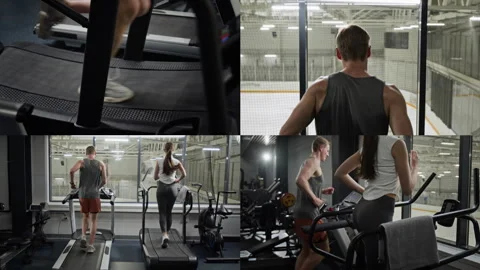 Split Screen of Man and Woman Running on Treadmills in Modern Fitness Center Video stock 339881769