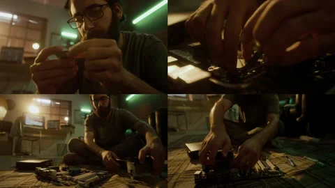 Split Screen of Man Fixing Motherboard, Sitting on Floor in Dimly Lit Room Stock Footage 302186643