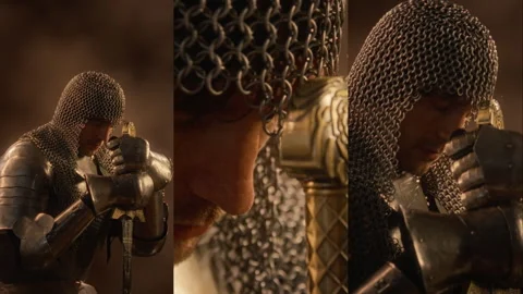 Split Screen of Man in Medieval Knight Armor Praying with Sword before Combat Stock Footage 345509356