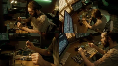 Split Screen of Man Modifying Computer Motherboard at Desk, Using Soldering Iron 動画素材 302186995