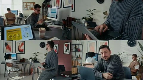Split Screen of Man Working on his Laptop and Talking to Colleagues in Office 動画素材 302371552
