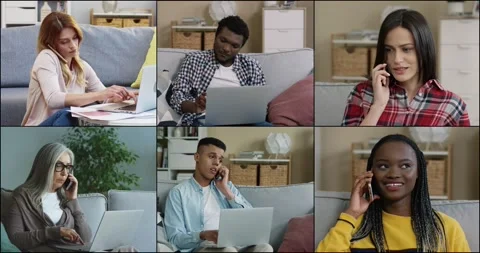 Split screen on many mixed-race people using laptops at home. Old woman talking Stock Footage 201890920