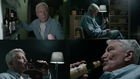 Split Screen of Mature Man Scrolling Phone and Drinking Beer at Home 動画素材 300587552