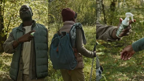 Split Screen of Mature Man Using Mosquito Spray, Walking down Path with Son Stock Footage 301761246