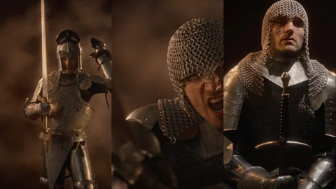 Split Screen of Medieval Knight in Armor Shouting Battle Cry with Steel Sword Stock Footage 345506601