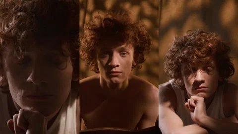 Split Screen of Melancholic Young Man Posing for Camera with Thoughtful Look 動画素材 303622253