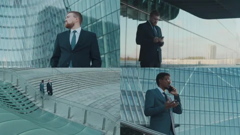 Split Screen of Men in Business Suits Using Their Phones Outside in Down Town Video stock 303624372