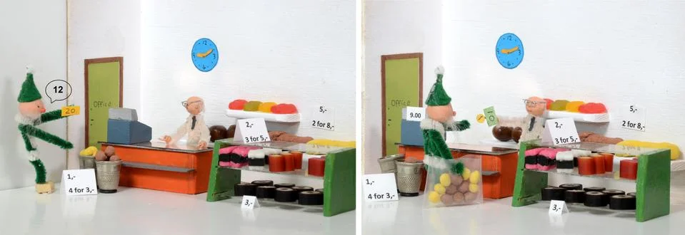 Split screen model setup situation that illustrates how a customer buys goods Stock Photos