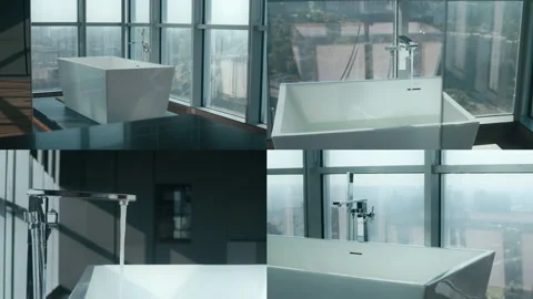 Split Screen of Modern Bathroom Interior with Panoramic City View Stock Footage 290887685