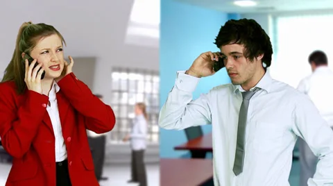 Split screen montage of businessman and woman having phone conversation Vídeos de archivo 32748375