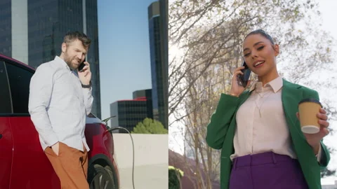 Split screen montage of two professional persons communicating by phone outdoors Stock Footage 259126956