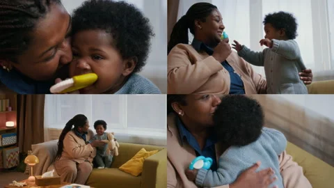 Split screen of Mother Playing and Bonding with her Toddler in Cozy Living Room Stock Footage 302814156
