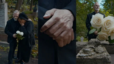 Split Screen of Mourning Couple Visiting Grave in Cemetery Video stock 286411998