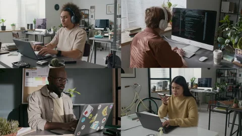 Split Screen of Multi-Ethnic Young Programmers Developing New Application Stock-Footage 299684723