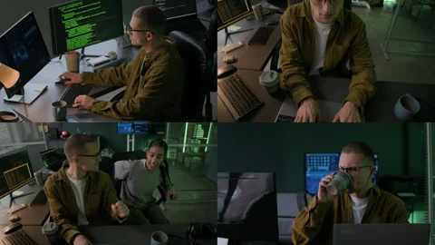 Split Screen of Multiethnic Programmers Working with Program Coding in Office Stock Footage 292614379