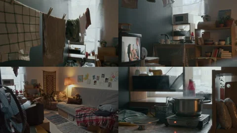 Split Screen of No People Interior of Cozy and Lived-In but Poor Small Apartment Stock Footage 306149149