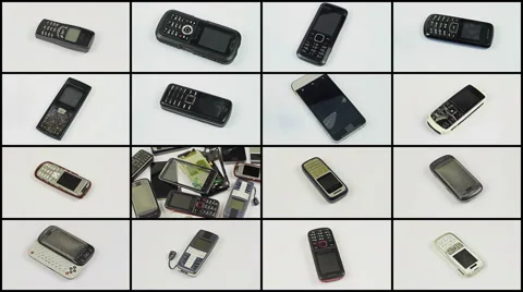 Split screen of old mobile phones rotation on a white background. Video stock 55208444