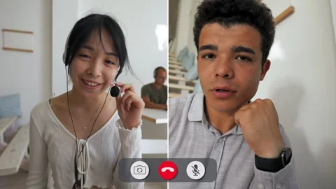 Split screen online call shows bored man during conversation Stock Footage 326950802
