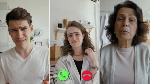 Split screen online call with three participants discussing a topic Stock Footage 305545764