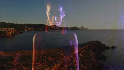 Split screen overlay guiding keyboardist performing music on dusk coast merging Stock Footage 328244268