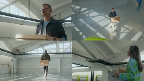 Split Screen of People Carrying Boxes along Spacious Storage Room Stock Footage 290510386