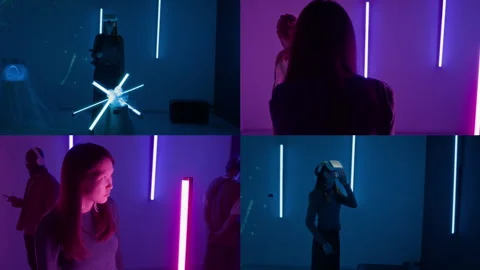Split Screen of People Walking Around Futuristic Room, Looking at Installations Stock Footage 302716778