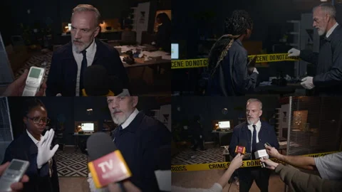 Split Screen of Police Officers Being Interviewed by Press at Crime Scene Stock Footage 303961197
