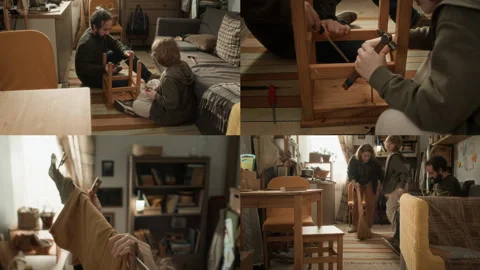 Split Screen of Poor Man Assembling Chair with his Son, Woman Doing Laundry Stock Footage 333730801