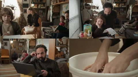 Split Screen of Poor Woman Hand Washing, Man Looking for Job, Kids Studying Stock Footage 333730804