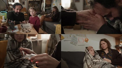 Split Screen of Poor Woman Taking Care of Sick Kids, Man Praying Stock Footage 333731678