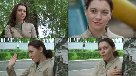 Split screen. Portrait of a caucasian brunette woman 25-30 years old. The mod Stock Footage 201919362