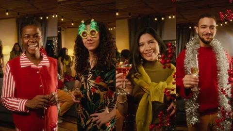 Split Screen Portrait of Diverse Friends Toasting at Christmas Party 動画素材 344395386
