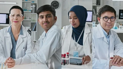 Split Screen Portrait of Diverse Team of Scientists Looking at Camera in Lab Vídeo Stock 347046612