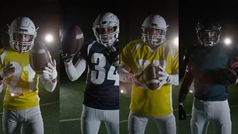 Split Screen Portrait of Four American Football Teammates with Ball at Stadium Vídeos de archivo 324524357
