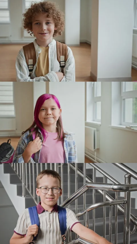Split Screen Portrait of Schoolchildren with Backpacks Smiling in School Hallway Видео 345822455