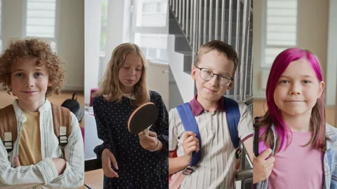 Split Screen Portrait of Schoolchildren Smiling at Camera Stock Footage 345219180