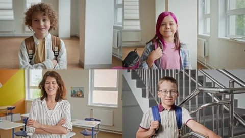 Split Screen Portrait of Teacher with School Children Smiling at Camera Stock Footage 345220533