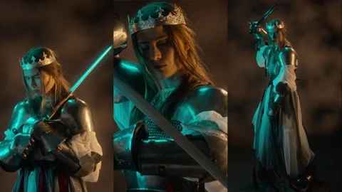 Split Screen Portrait of Woman in Medieval Armor with Crown Holding Sword Видео 345506698