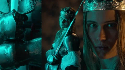 Split Screen Portrait of Woman in Medieval Armor Wearing Crown Holding Sword Видео 345508312