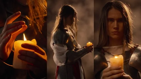 Split Screen Portrait of Woman in Medieval Armor Holding Burning Candle Видео 345508343