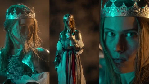 Split Screen Portrait of Woman in Medieval Warrior Armor Holding Sword Видео 345509316