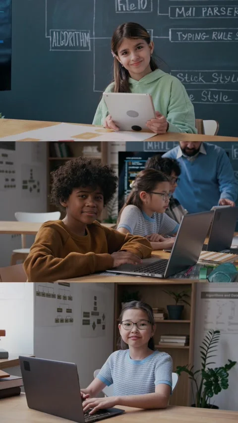 Split Screen Portraits of Happy Multiethnic Students at Coding Class 스톡 동영상 307067461