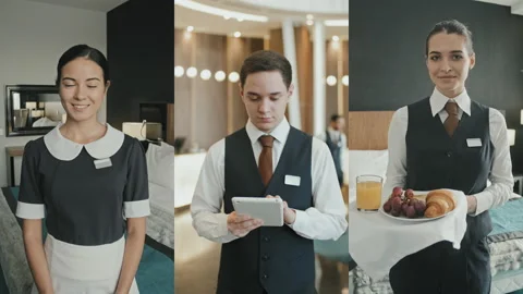 Split Screen Portraits of Hotel Staff Video stock 166939817