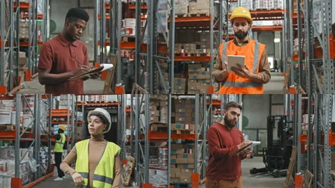 Split Screen Portraits of Workers in Warehouse Video stock 166939896
