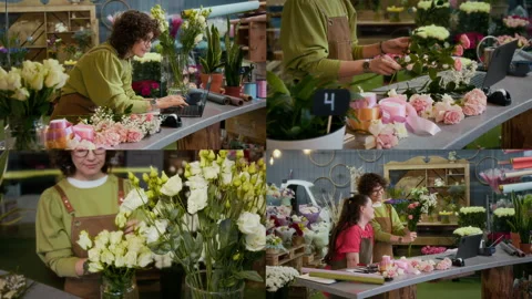 Split Screen of Positive Professional Female Florist Working in Flower Store Video stock 302358976